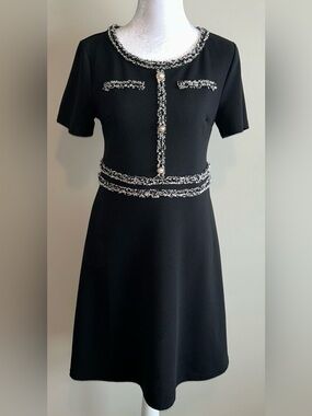 Black A-Line Dress with Tweed Trim